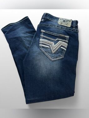 Salvage Supply Co Mayhem Straight Jeans 38x32 Men Dark Wash Distressed Buckle